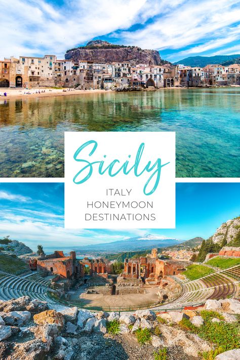 Two images. Top image is of the coastline of Cefalu. Bottom image is of the ruins of an ancient theater in Taormina. A white text box between the two images reads, "Italy Honeymoon Destinations: Sicily" Sicily Italy Honeymoon, Italian Wedding Sicily, Sicily Honeymoon, Honeymoon Activities, Sicily Wedding, Italian Favorites, Italy Honeymoon, Honeymoon Resorts, Honeymoon Spots