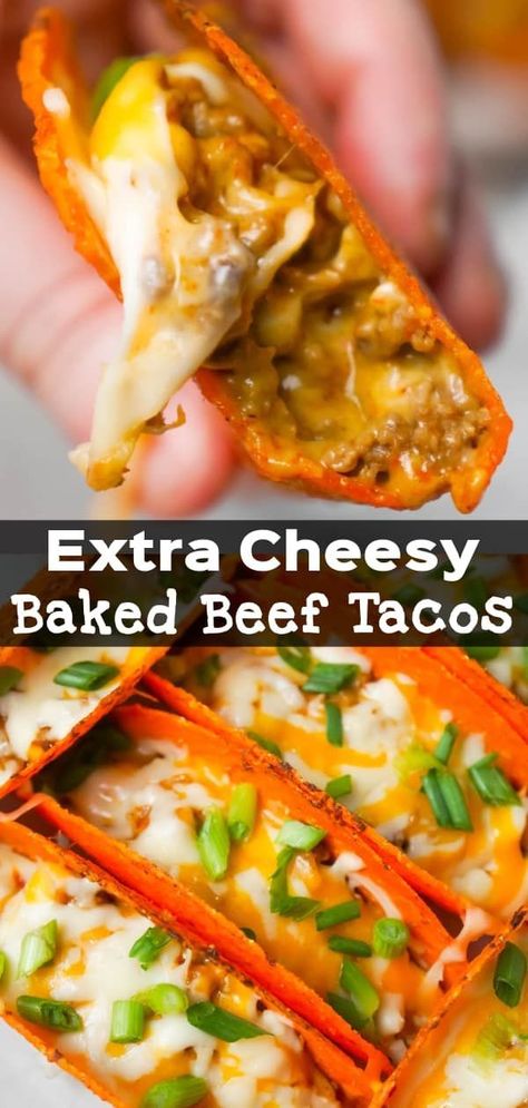 Extra Cheesy Baked Beef Tacos are an easy weeknight dinner recipe using ground beef, salsa con queso cheese dip, shredded mozzarella and cheddar and nacho cheese flavoured stand and stuff taco shells. Baked Beef Tacos, Recipe Using Ground Beef, Baked Taco Shells, Recipes Using Hamburger, Tasty Tacos Recipe, Queso Cheese Dip, Oven Baked Tacos, Baked Nachos, Recipes Using Ground Beef