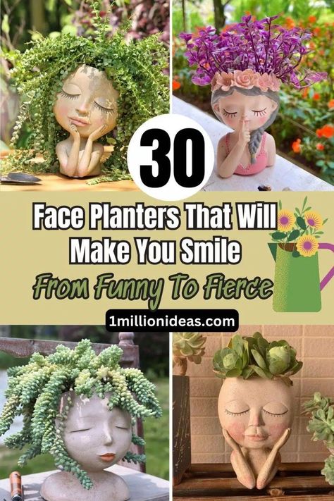 Some people are proud of their plant collections, which include a wide range of plants from tropical ones to hundreds of kinds of succulents and cactus. Others often boast about their planters, which are a creative and fun way to display their plants and add some personality to their homes or gardens. Face Planter Ideas, Face Planters Diy, Face Plant Pot, Alien Face, Face Planters, Head Planters, Clay Pot Crafts, Tiger Face, Diy Planters