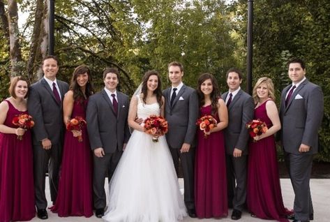 Burgundy dress and gray suit  wedding Gray Suit Wedding, Burgundy And Grey Wedding, Gray Wedding Party, Wine Bridesmaid Dresses, Bridal Party Groomsmen, Grey Suit Wedding, Groomsmen Grey, Maroon Wedding, Burgundy Bridesmaid