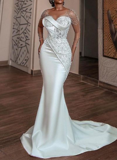 Trumpet/Mermaid V-Neck 3/4 Sleeves Lace/Satin Wedding Dresses With Beading/Appliques Lace Column Wedding Dress, Sparkle Wedding Dress, Dress Gallery, Sparkle Wedding, Peacock Green, Art Station, Satin Wedding, Mom Dress, Groom Dress