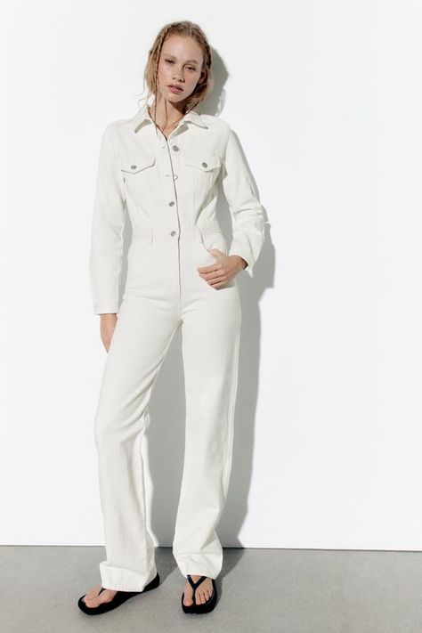 TRF WIDE LEG DENIM JUMPSUIT - Oyster White | ZARA United States White Jean Jumpsuit, White Denim Jumpsuit, Tweed Romper, Zara Short Dress, Long Denim Dress, Stretch Jumpsuit, Collar Jumpsuit, Oyster White, Nylon Dress