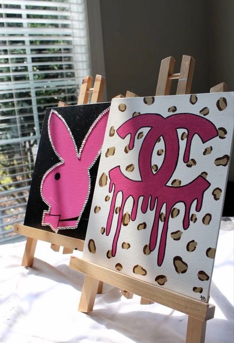 Bunny Canvas Painting, Neon Art Painting, Bunny Canvas, Themed Paintings, Tufting Diy, Chanel Set, Hippie Painting, Small Canvas Paintings, Pop Art Canvas