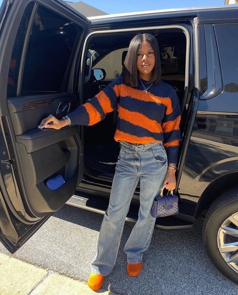 Fly Black Women Outfits, Orange Blue Outfit, Blue Orange Outfit, Chill Fall Outfits, School Outfits Black Women, School Outfit Black Women, Fly Outfit, Homecoming Outfits, Fasion Outfits