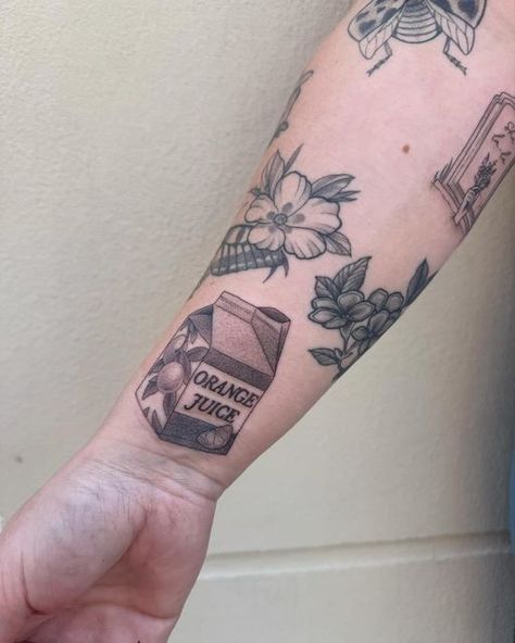 george on Instagram: "Added this little orange juice and a couple other pieces to Hannah’s arm! Some of my favourite tattoos are worn by her 💖" Orange Juice Box Tattoo, Orange Juice Carton Tattoo, Orange Juice Tattoo, Orange Tattoo, Juice Tattoo, Juice Carton, Juice Boxes, Dark Tattoo, December 19