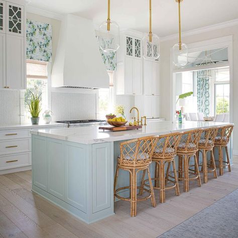 Blue Kitchen Island, Beach House Kitchens, Kitchen Island With Seating, Beach House Interior, Coastal Kitchen, Transitional Kitchen, Blue Kitchens, Counter Tops, Dream House Decor