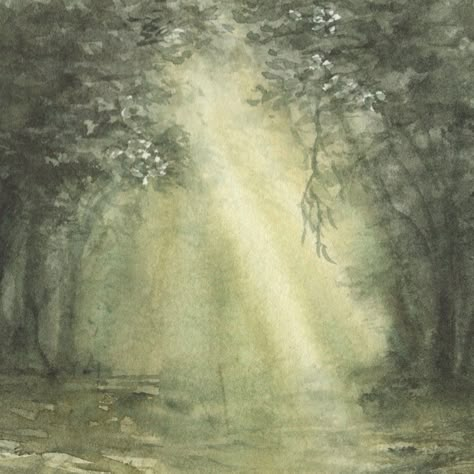 Watercolor painting of an atmosphere green forest with light streaming through the trees Forest In Watercolor, Fall Art Watercolor, Fairycore Watercolor, Painting Of Light, Watercolor Forest Landscape, Watercolor Scenery Painting, Watercolour Forest, Forest Watercolor Painting, Lost Lamb