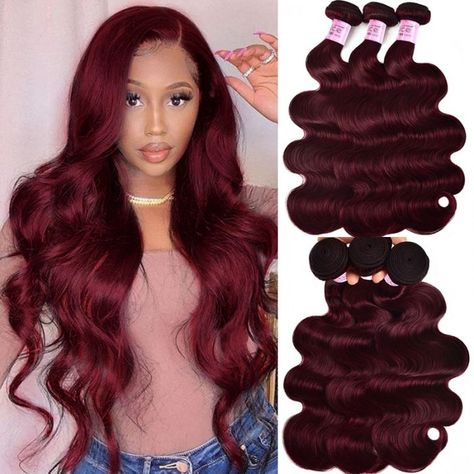 UNice Virgin Hair Body Wave 3 Bundles Burgundy Hair Weave Bundles #99j Colored Hair | UNice.com Body Wave Weave, Sew In Hair Extensions, Sew In Hairstyles, Weave Hair, Hair Body Wave, Low Maintenance Hair, Flat Iron Hair Styles, Human Hair Bundles, Burgundy Hair