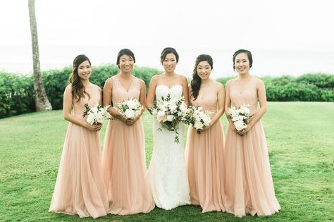 Peach Gowns, Four Bridesmaids, Peach Gown, Tented Reception, Inside Weddings, Shades Of Peach, Tent Reception, Pale Peach, Wedding Inside