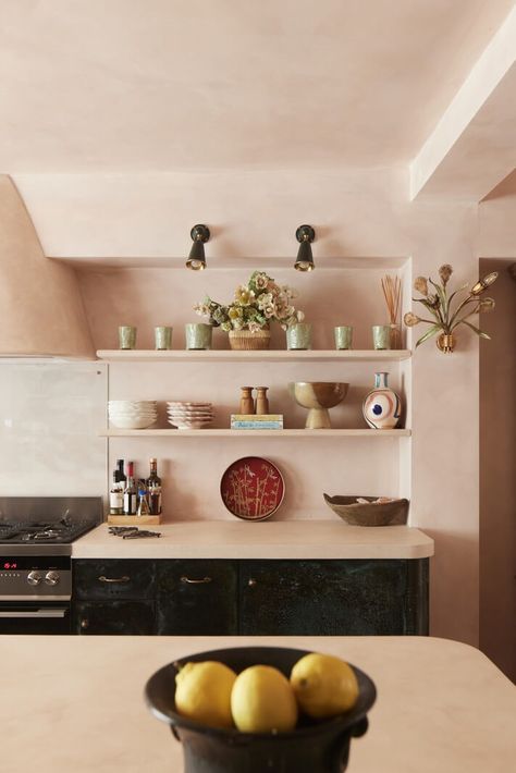 Limewash Paint and Artisan Wallpaper in a London Townhouse 18 Lime Wash Kitchen, Pink Limewash Wall, Limewash Kitchen, Lime Wash Brick, Limewash Walls, Dining Corner, Oak Parquet Flooring, Limewash Paint, House Redo