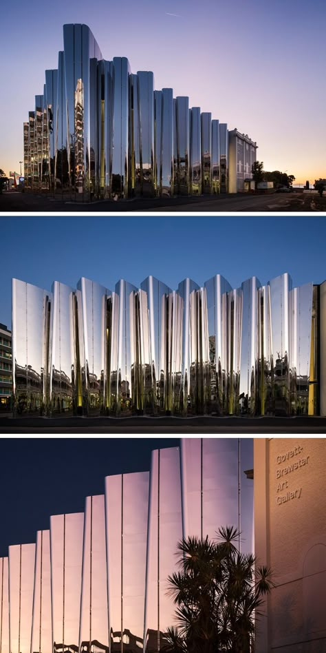 This New Museum Is Wrapped In A Wavy Facade Of Reflective Stainless Steel Galleries Architecture, New Museum, Contemporary Abstract Art, Facade Architecture, Modern Buildings, Facade Design, Beautiful Architecture, Amazing Architecture, Architectural Design