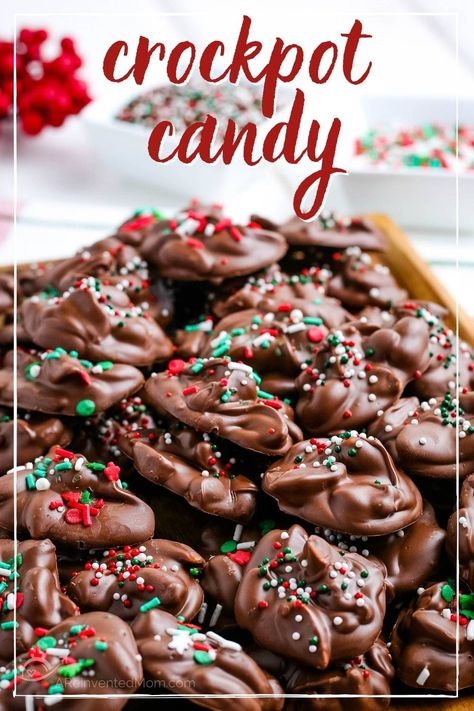 This easy crockpot candy recipe is also known as Christmas crack. Once you try it you'll be totally hooked. Made with 3 kinds of chocolate bark (white, milk & semi-sweet) & peanuts. We've also shared ways to adapt the peanut cluster recipe to other holidays & celebrations. Congealed Salads, Peanut Cluster, Christmas Crockpot, Peanut Clusters In Crockpot, Favorite Deserts, Crockpot Candy Recipes, Crockpot Desserts, Christmas Bark Recipes, Crockpot Christmas