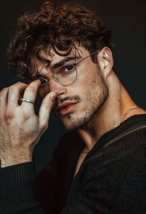 Cade From Endless By Devyn Sinclair Man With Dark Curly Hair, Brown Hair Brown Eyes Guy Character Inspiration, Male Photoshoot Poses Indoor, Men Dark Hair Green Eyes, Handsome Men In Glasses, Strong Jawline Man, Men Self Portrait Photography, Man With Scarred Face Art, Male Actors In Their 30's