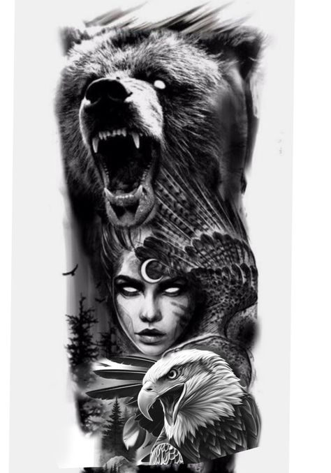 Native Bear Tattoo, Strongman Tattoo, Rebirth Tattoo, Deer Tattoo Designs, Totem Tattoo, Animal Sleeve Tattoo, Animal Sleeve, Bear Ideas, Tattoo New