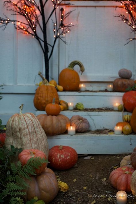 Simple Beautiful Autumn Spooky Barn Decor - French Country Cottage Types Of Pumpkins, French Vintage Decor, Tall Candle, Outdoor Living Rooms, Barn Decor, Pumpkin Spice Season, Beautiful Patios, Romantic Homes, French Country Cottage