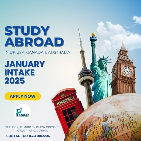 🌍 Your study abroad dreams are closer than ever! 🌟 January intake is open for the UK, USA, Canada, and Australia. Don’t miss your chance to make your dreams come true—let’s get you started on your global journey today! 🎓✈️ For Further Details kindly Contact or Visit Us: 📍1st Floor Al Mubeen Plaza Near Rescue 1122 Service Morh GT Road, Gujrat 📞+92 3000203761 , 0533724484 +92 3000207730 +92 333 1207008 +92 300 0207732 +92 333 1207009 +92 300 0207738 +92 333 1207001 +92 331 0102203 +92 331 01021... Study Abroad Creative Ads, Study In Australia, Travel Poster Design, Digital Marketing Design, Make Your Dreams Come True, Best Love Lyrics, Marketing Design, Dreams Come True, Post Design