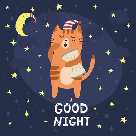 Good Night Love Sms, Cute Sleepy Cat, Good Night Cards, Good Night Cat, Baby Lullabies, Good Knight, Slaap Lekker, Good Night Gif, Cat Vector