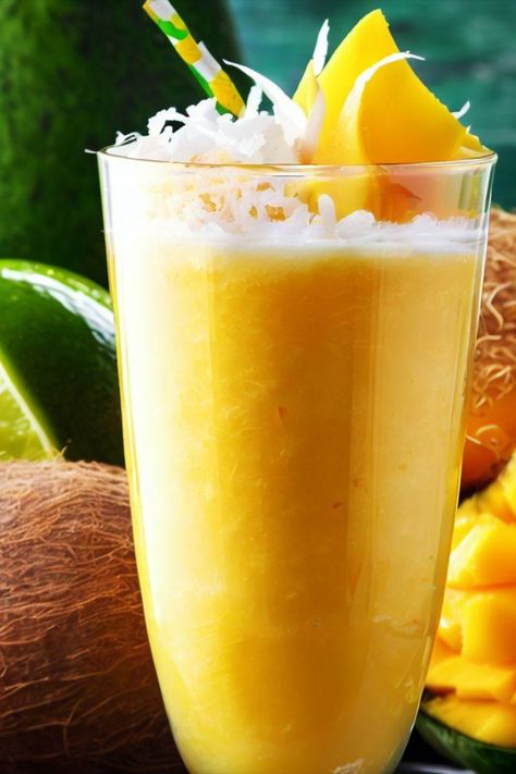 Indulge in the creamy goodness of frozen mango chunks blended with velvety coconut milk and a splash of tangy lime juice. Served in a glass and adorned with a slice of ripe mango and a sprinkle of toasted coconut flakes, this vibrant and luscious smoothie is a delightful treat for your senses. Sip and savor the tropical flavors while nourishing your body with essential vitamins and minerals. Mango Coconut Smoothie, Healthy Smoothie Recipe, Smoothie Diet Plan, Ripe Mango, Frozen Mango, Mango Chunks, Coconut Smoothie, Mango Coconut, Smoothie Diet Plans