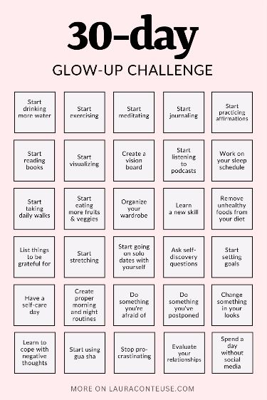 30-Day Glow-Up Challenge 2024 Glow Up Challenge, 2024 Goals For Teens, 7 Days Glow Up, Glowup Routine For Teens, Glow Up Tips For Girls 17, 21 Day Manifestation Challenge, 7 Days Challenge Self Care, Glowup Challenge 1 Week, 21 Days Glow Up Challenge