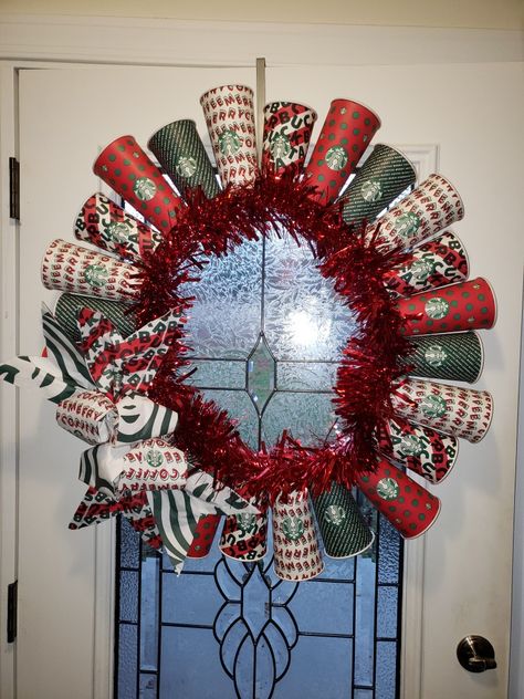 Starbucks Cup Wreath, Starbucks Wreath, Cup Wreath, Christmas Starbucks, Red Garland, Wreath Hanger, Cup Ideas, Sandwich Bags, Five Below