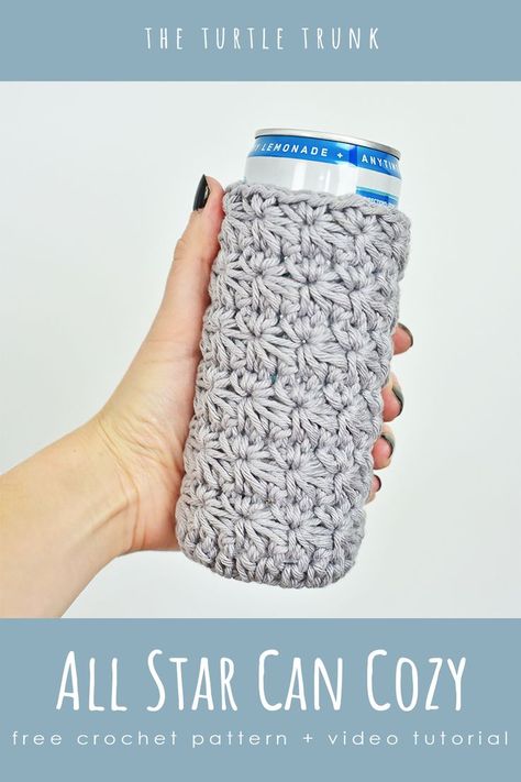 Pinterest pin for the all star can cozy crochet pattern by The Turtle Trunk Can Cozy Crochet, Crochet Beer Cozy, Crochet Can Cozy, Koozie Pattern, Crochet Koozie, Crochet Beer, Cup Cozy Crochet Pattern, Crochet Star Stitch, Cup Cozy Pattern