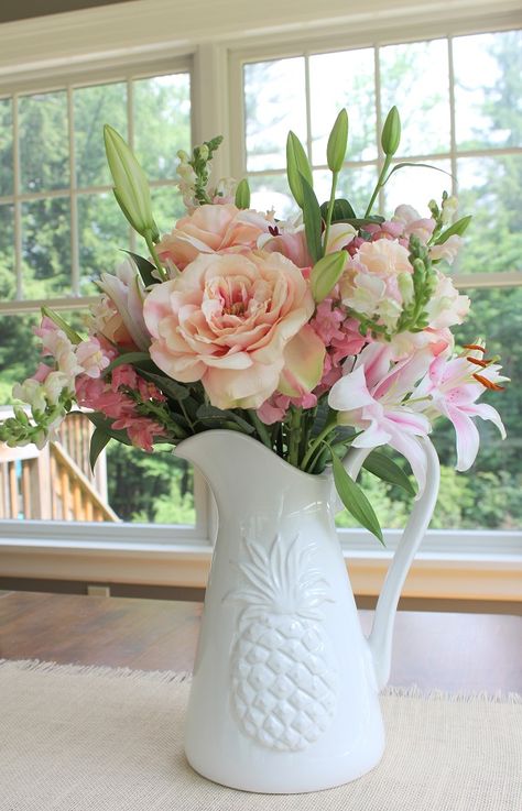 Fresh Flowers - beautiful pitcher - unique way to display flowers - Life on Kaydeross Creek Pitchers With Flowers Centerpieces, Flower Arrangement In Pitcher, Flowers In White Pitcher, Flower Arrangements In Pitchers, Water Pitcher Flower Arrangement, Pitcher Vase Flowers, White Pitcher With Flowers, Flowers In Pitcher, White Pitchers Decor