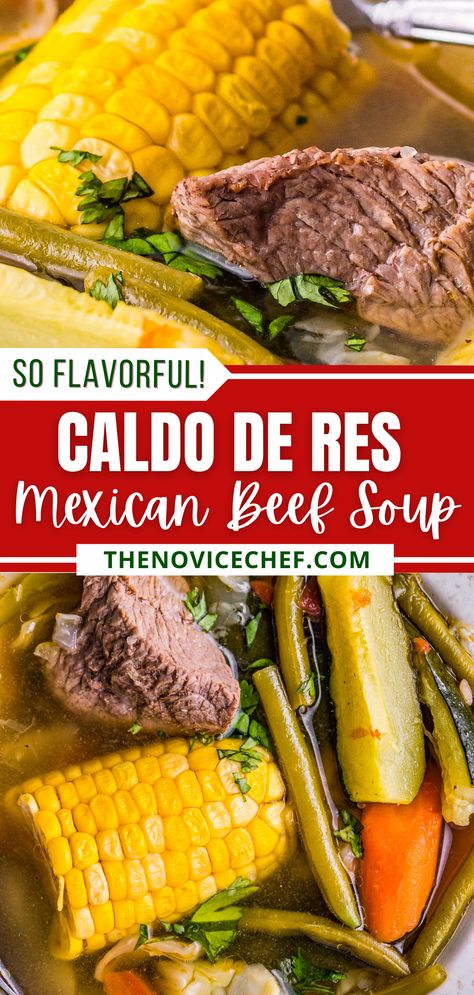 What's not to love about a big bowl of soup filled with perfectly tender bits of beef, vegetables, and fresh herbs? Caldo de Res is a simple Mexican soup recipe that you can make right at home! Caldo Beef Soup Recipes, Mexican Vegetable Beef Soup, Easy Beef Pozole Recipe, Vegetable Soup Mexican, Caldo De Res Recipe Mexican Beef Soups, Mexican Caldo De Rez Recipe, Patty's Mexican Table Recipes, Caldo Soup Recipes, Mexican Steak Soup