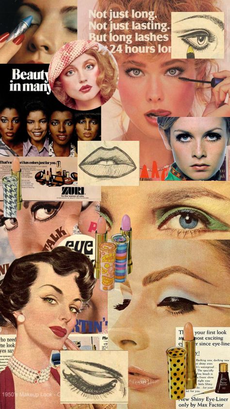 Vintage Makeup Magazine, Make Up Mood Board, Makeup Collage Aesthetic, Mood Board Makeup, Morticia Makeup, Makeup Scrapbook, Vintage Beauty Ads, Makeup Mood Board, Makeup Graphics