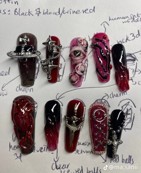 Chorme Nails, Nails Funky, Nails Goth, Horror Nails, Junk Nails, Punk Nails, Goth Nails, Edgy Nails, Grunge Nails