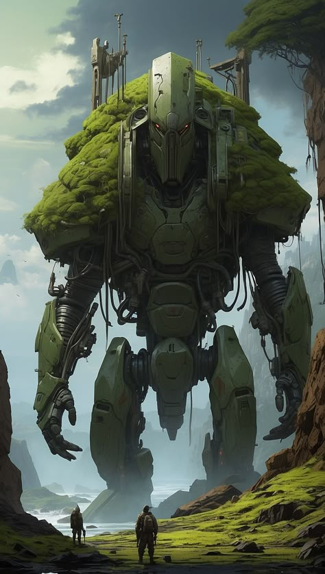 There is a giant robot that is standing in the grass Big Robot Concept Art, Giant Robot Concept Art, Futuristic Forest, Giant Mech, Mecha Art, Idea Story, Big Monster, Battle Robots, Robot Monster