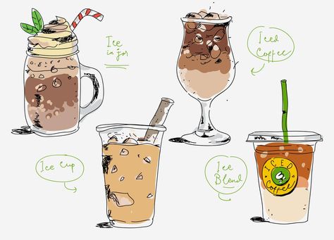 Iced Coffee Cafe menu Hand Drawn vector Illustration Drink Menu Illustration, Iced Coffee Sketch, Ice Coffee Illustration, Iced Tea Illustration, Iced Coffee Drawing, Boba Truck, Iced Coffee Illustration, Sketch Menu, Water For Health