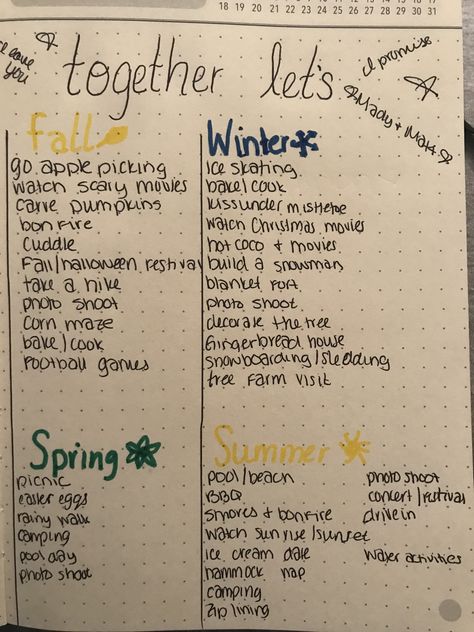 date ideas for couples written in my bullet journal Couple Memory Book Diy Cute Ideas, Relationship Bujo Ideas, Journal Ideas With Boyfriend, Cute Boyfriend Journal Ideas, Journal To Give To Boyfriend, Couple Notes Ideas, Diary Couple Ideas, Dating Journal Ideas, Scrapbook Drawing Ideas For Couples