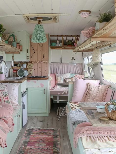 Pink Camper Interior, Boho Camper Remodel, Tiny Home Inside, Camper Design Ideas, Cottage Camper, Pink Caravan, Sprinter Van Interior, Shabby Chic Caravan, Shabby Chic Campers