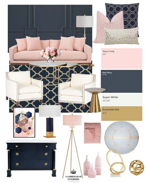 One of my favorite color combinations is navy and pink so when I am asked to gather together a mood board with ideas using these colors for a glam inspired living room, I am happy to oblige. If you have a personal color combination that you would like to use in a design, try e-design!! We can help you with that @sandringhaminteriors.com. Also check out this Product Board if you are interested in any of the products used! Navy Pink Living Room, Navy Living Room Decor, Blue And Pink Living Room, Pink Living Room Decor, Design Ložnic, Colorful Bedroom Decor, Navy Living Rooms, Decor Color Schemes, Gold Living Room