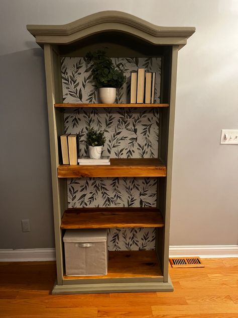 Antique Bookshelf Makeover, Bookshelf Renovation, Bookshelves Refurbished, Botanical Wallpaper Bookshelf, Bookshelf With Wallpaper Backing Diy, Book Shelves With Wallpaper Back, Add Trim To Bookcase, Painted Bookshelves With Wallpaper, Particle Board Bookshelf Makeover