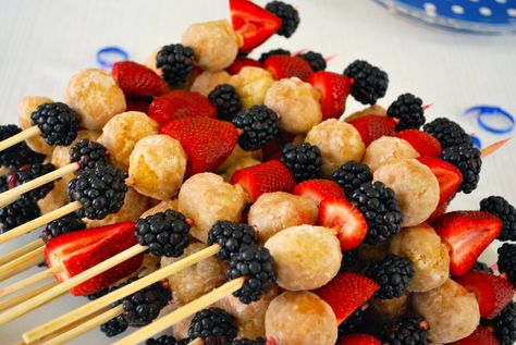 Donut Fruit Kabobs, Fruit And Donut Kabobs, Brunch Kabobs, Mini Donut Holes, Charcuterie Sticks, Donut Kabobs, Cake Kabobs, Breakfast Kabobs, Glazed Donut Holes