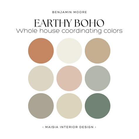 Craft a versatile whole house paint palette with Benjamin Moore's Color Palette, offering the best EARTHY boho color palette for creating a cohesive paint color scheme throughout your home, ideal for capturing the essence of boho living with this boho paint palette idea. These colors have been hand selected by me to create a cohesive Paint Color Scheme that work perfectly together and will give your home a designer touch. Benjamin Moore offers an extensive range of paint colors, each with its di Color Palette Small Spaces, Zen Room Colors Colour Palettes, Bohemian Paint Colors Bedroom, What Color Should I Paint My House, Boho Modern Paint Colors, Industrial Boho Color Palette, Earthy Boho Colour Palette, Boho Bedroom Color Pallet, Cottagecore Bedroom Paint Colors