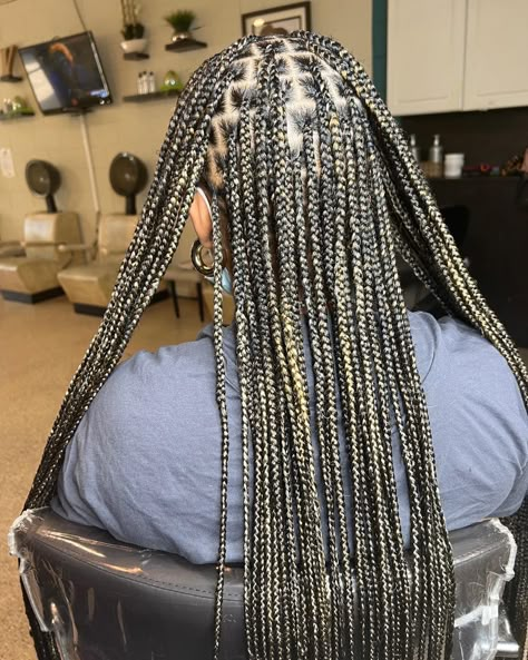 Black And Blonde Blended Braids, Color Mix Knotless Braids, Knotless Braids Mixed Colors, Color Mix Braids, Mixed Color Knotless Braids, Knotless Braids For Black Women, Color Knotless Braids, Bts Hairstyle, Black Box Braids