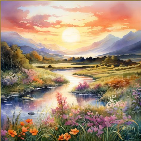 Sunset Farm Painting, River Sunset Painting, Mountain Meadow Painting, Sunset Pond Painting, Watercolor Hills Landscapes, Mountain River, Screen Wallpaper, Jolie Photo, Design Graphique