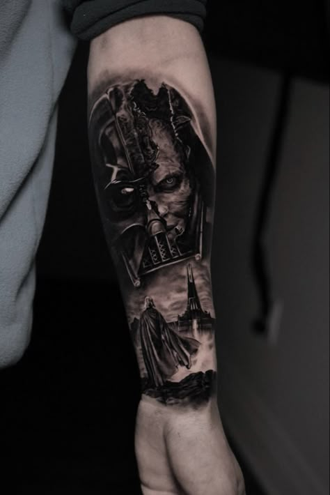 @brendanbissitattoos on Instagram Jarjar Binks Tattoo, Starkiller Tattoo, Star Wars Arm Tattoo, Star Wars Tattoo For Men, Star Wars Sleeve Tattoo, Star Wars Tattoo Design, Stormtrooper Tattoo, Star Wars Sleeve, Star Wars Tattoo Sleeve