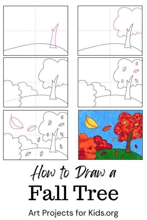 Fall Landscape Drawing Easy, How To Draw Fall Leaves Step By Step, Step By Step Drawing Tree, Fall Step By Step Drawing, Directed Drawing For Kids Fall, Step By Step Fall Drawings, Fall Art Projects For Elementary Students, How To Draw A Fall Tree, Drawing Autumn Ideas