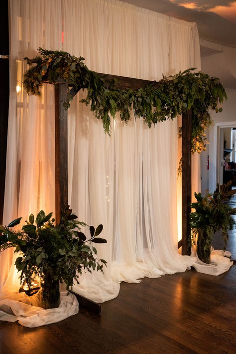 wedding ceremony, arch, rustic, greenery, drapery, Will Hawkins Photography, backdrop Elegant Christmas Wedding, Winter Wedding Arch, Christmas Wedding Themes, Evergreen Wedding, Christmas Wedding Inspiration, Wedding Alters, Rustic Wedding Backdrops, Wedding Reception Backdrop, Rustic Winter Wedding