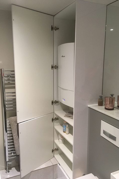 Bathroom Boiler Storage, Boiler In Downstairs Toilet, Bathroom With Boiler Cupboard, Boiler In Bathroom Ideas, Bathroom Boiler Cupboard, Boiler Cover Ideas Bathroom, Hide Boiler In Bathroom, Boiler Cupboard Storage, Boiler Cupboard Ideas Bathroom