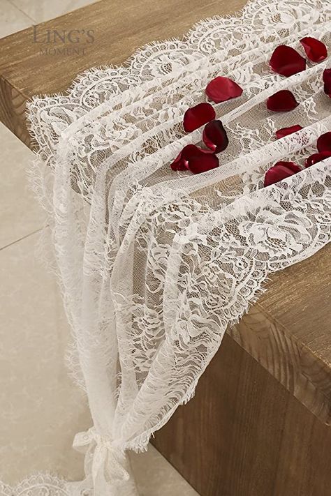 Amazon.com: Ling's moment White Floral Lace Table Runner 32 x 120 Inches for Rustic Country Wedding Party, Bridal Shower, Baby Shower, Candlelight Dinners : Home & Kitchen Lings Moment, Table Decor Boho, Chic Wedding Reception, Wedding Reception Table Decor, Reception Table Decor, Country Glam, Boho Party Decorations, Wedding Runner, Lace Table Runner