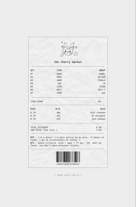 Carrd Inspo Template Website, Aesthetic Carrd Templates, Receipt Design Aesthetic, Aesthetic Receipt Template, Aesthetic Carrd Themes, Receipt Template Aesthetic, Cute Receipt Template, Aesthetic Receipt, Watermark Ideas For Edits