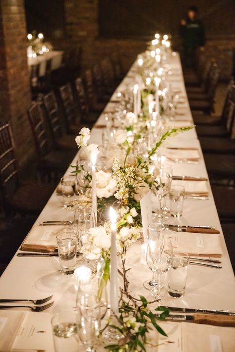 Wedding Florals Long Table, Wedding Candle Arrangements, Mixed Candles Wedding Table, Assorted Candles Wedding, Flower And Candle Table Decor, Candle Table Wedding, Simple White Flower Centerpieces, Cream Table Setting, Vintage Hotel Wedding