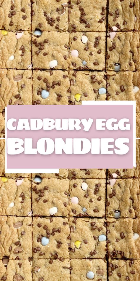 Cadbury Egg blondie bars are a brown sugar based blondie cookie bar with chocolate chips and mini Cadbury eggs. Cadberry Egg Blondies, Cadbury Egg Cookie Cake, Favorite Easter Recipes, Cadbury Egg Bars, Cadbury Mini Egg Cookie Bars, Cadbury Mini Egg Blondies, Cadbury Cookie Bars, Easter Bar Recipes, Cadbury Egg Blondies