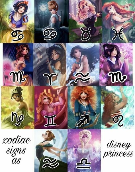 Disney Princess Zodiac Signs, Disney Princess Zodiac, Zodiac Signs Elements, Zodiac Signs Pictures, Star Signs Aquarius, Zodiac Signs Symbols, Disney Sign, Zodiac Sign Fashion, Zodiac Characters