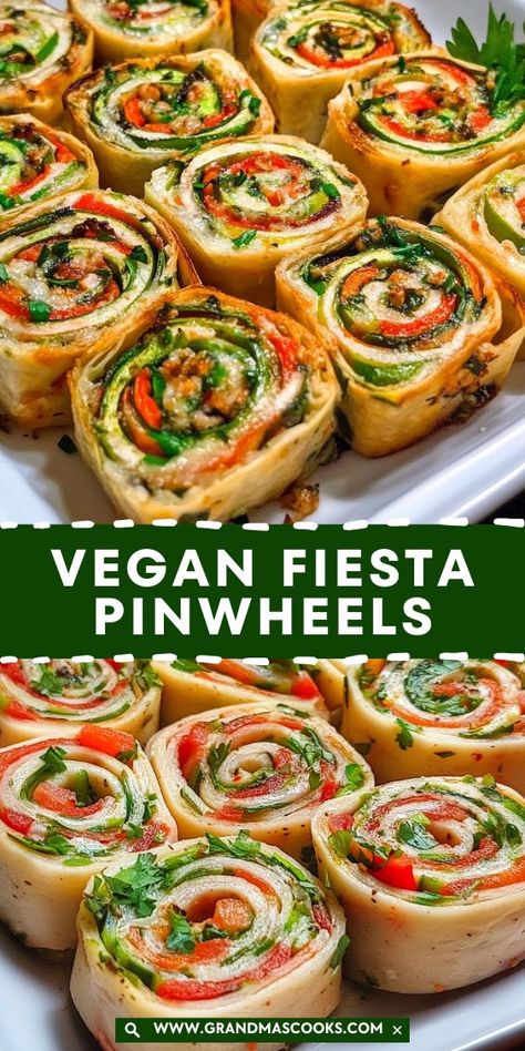 These Vegan Fiesta Pinwheels are the ultimate make-ahead snack! With a tangy, creamy filling and crunchy veggies wrapped in a soft tortilla, they’re a crowd-pleasing and delicious appetizer that’s as easy to make as it is to eat! Meatless Party Food Appetizers, Veggie Snacks For Work, Vegan Hummus Board, Vegan Friendly Snacks, Vegan Mini Sandwiches, Black Bean Pinwheels, Vegetable Horderves Appetizers, Vegan Roll Ups Tortilla, Healthy Heavy Appetizers