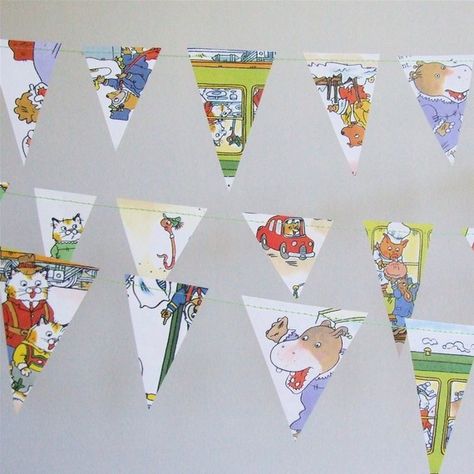 Richard Scarry garland. Maybe I could make this? Storybook Baby Shower Decorations, The Berenstain Bears, Richard Scarry, Berenstain Bears, Childrens Bedroom, Birthday Book, Thomas Edison, Party Garland, Book Party